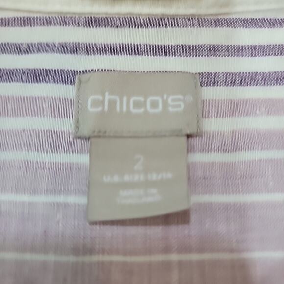 Chicos Linen Top Womens 2 White Pin Stripes Button Down No Iron Coastal Nautical - Picture 6 of 12